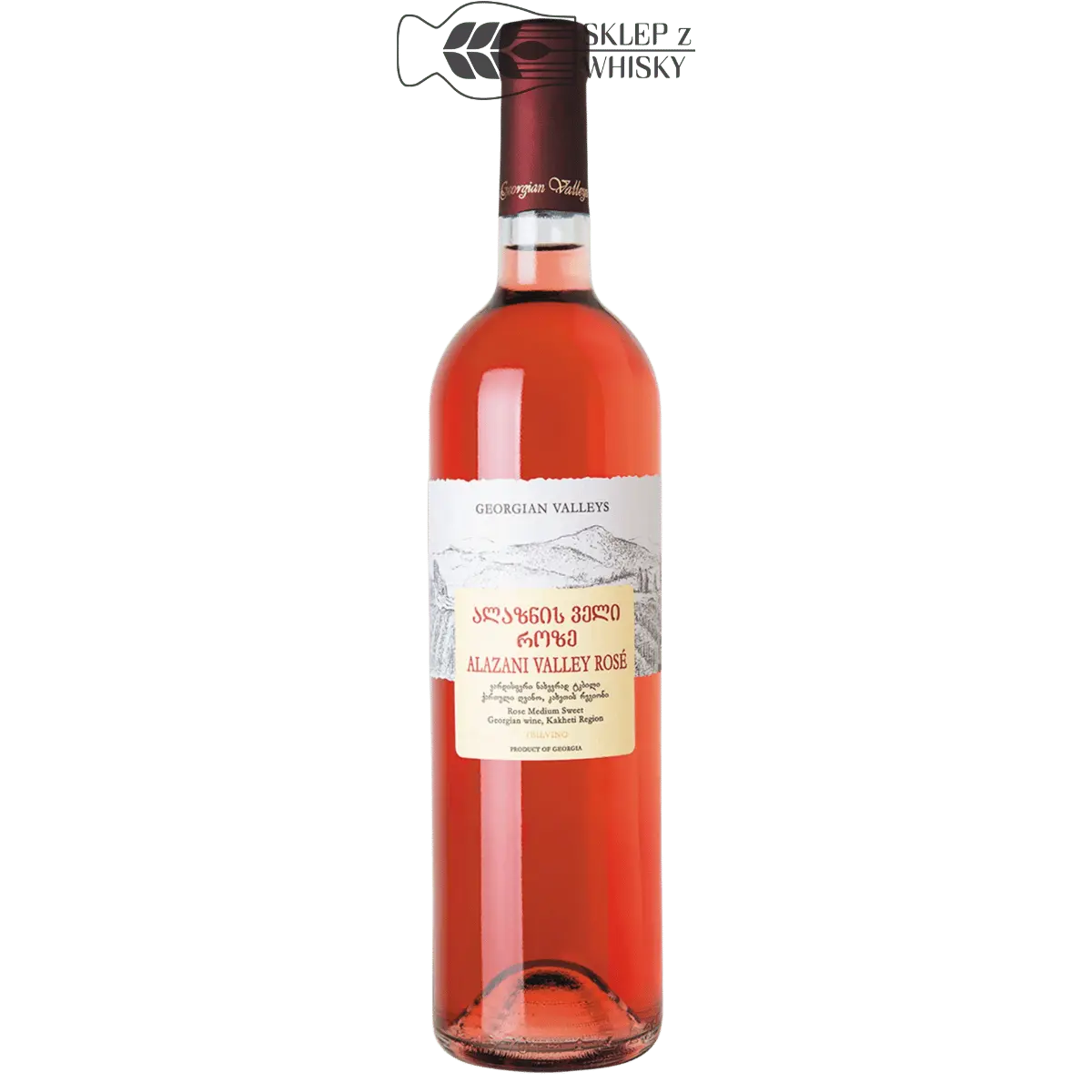 Alazani Valley Rose, 750 ml, gruzińskie różowe wino półsłodkie w eleganckiej butelce.