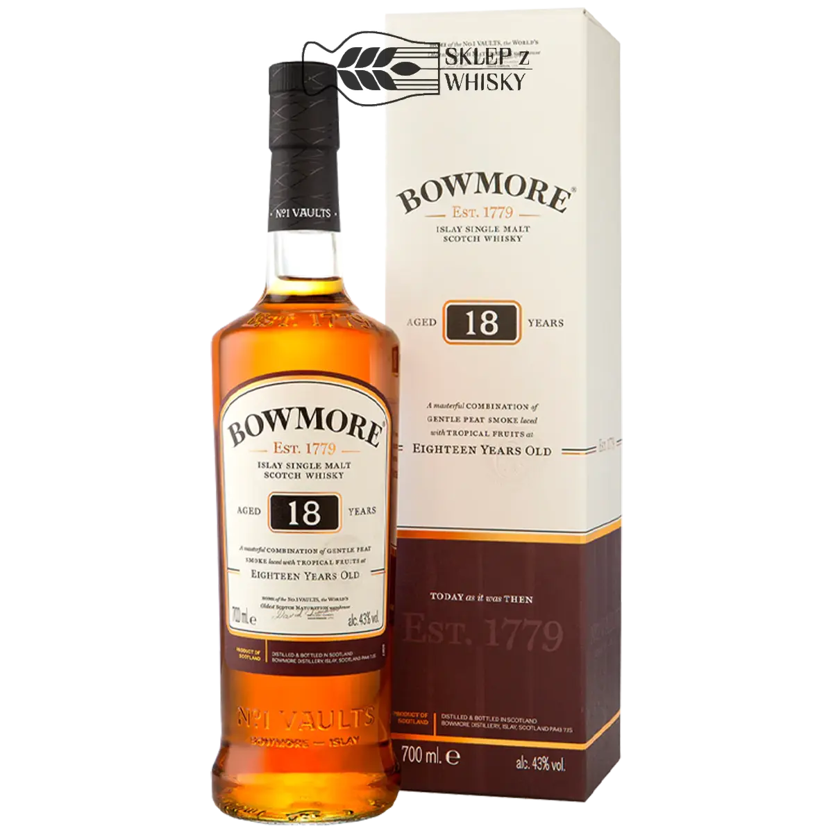 Bowmore 18 letnia szkocka whisky single malt z regionu Islay, 700 ml, w pudełku