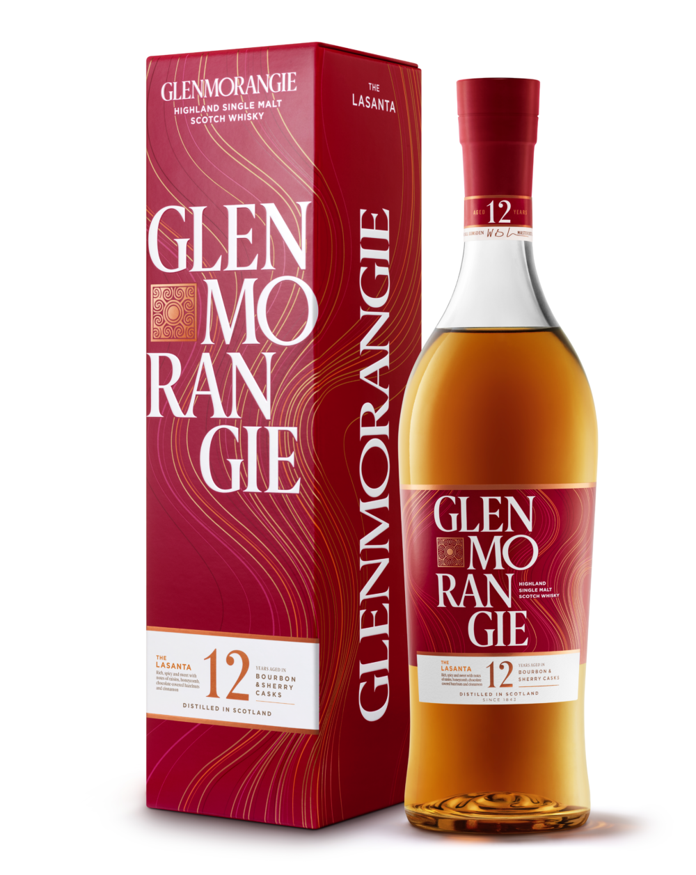Glenmorangie Lasanta 12 YO — szkocka whisky single malt z regionu Highlands, butelka 700 ml, pudełko.