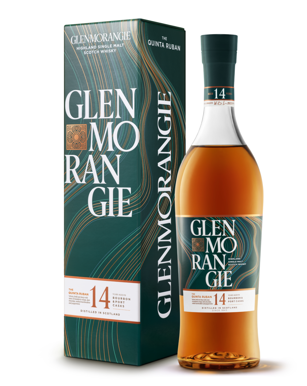 Glenmorangie Quinta Ruban 14 YO — szkocka whisky single malt z regionu Highlands, butelka 700 ml, pudełko.