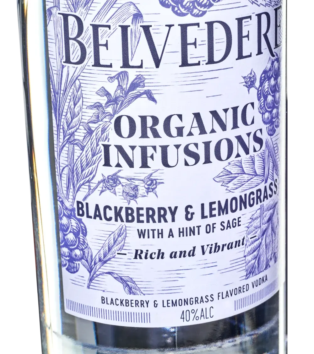Belvedere Organic Infusions Blackberry & Lemongrass — Polska Wódka smakowa, etykieta
